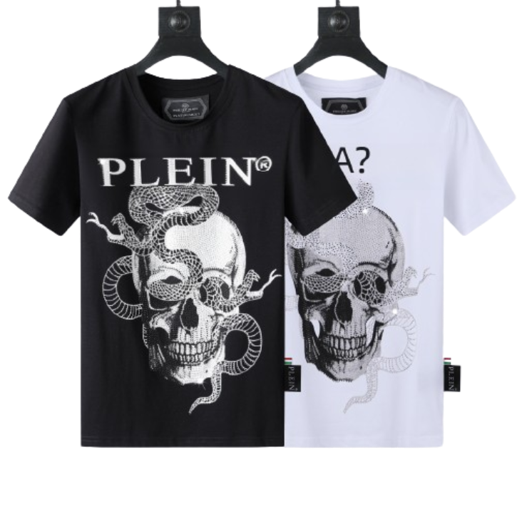Plein Skull and Snake Graphic T-Shirt Black White T-Shirts