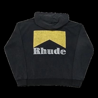 Rhude Hoodie Black with Yellow Triangle and Silver Logo Hoodie